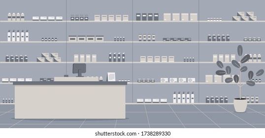 Pharmacy Interior With No People. There Are A Counter For Pharmacist, Shelves With A Wide Range Of Medicines And Other Medical Products In Drugstore.Vector Colourful Illustration