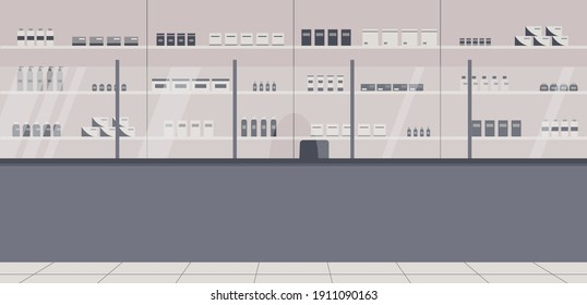 Pharmacy Interior With No People. There Are A Barrier, Shelves With A Wide Range Of Medicines, Cures, Sprays And Other Medical Products In Drugstore.For Advertising Pharmacies.Vector Illustration