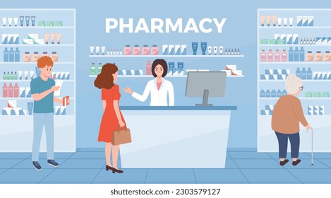 Pharmacy interior with people choosing medicaments flat style, vector illustration. Pharmacist consulting customer, healthcare and treatment, medicine shelves, buying and selling