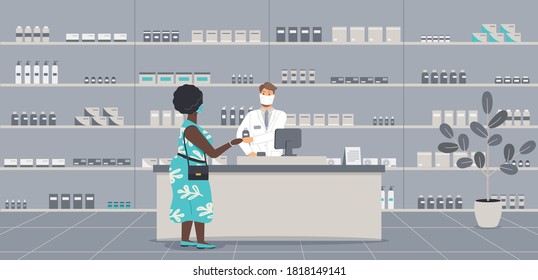 Pharmacy Interior With People During Virus Epidemic. Pharmacist In Face Mask Behind Counter Serve Plump Afro Woman In Protective Mask. Druggist Talk To Customer In Drugstore.Vector Illustration