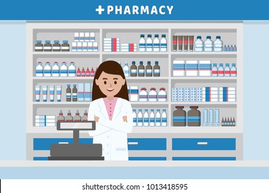 Pharmacy Interior With Pharmacist And Cashier Counter Flat Design Illustration Vector.