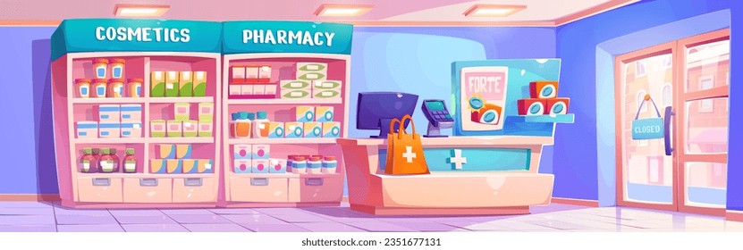 Pharmacy interior with shelves and racks with boxes, tubes and jars of medicines and pills, counter and package with purchased drugs. Cartoon vector illustration of drugstore with medical product.