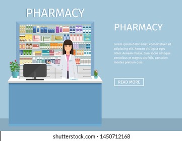 Pharmacy interior web banner design with pharmacist female character at the counter. Drugstore interior with simple text. Vector illustration.