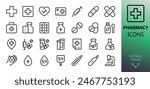 Pharmacy isolated icons set. Set of drugstore, heart pulse, syringe, medical patch, tablets and pills, cough syrup, prescription, glucose meter, thermometer, capsule, firs aid kit vector icon