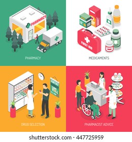 Pharmacy Isometric 4 Icons Square With Druggist Advise On Prescribed Medication And Ambulance Service Isolated Vector Illustration 