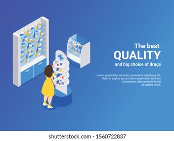 Pharmacy isometric blue background illustrated best quality and big choice of drugs vector illustration