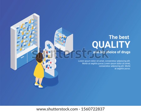 Pharmacy isometric blue background illustrated best quality and big choice of drugs vector illustration