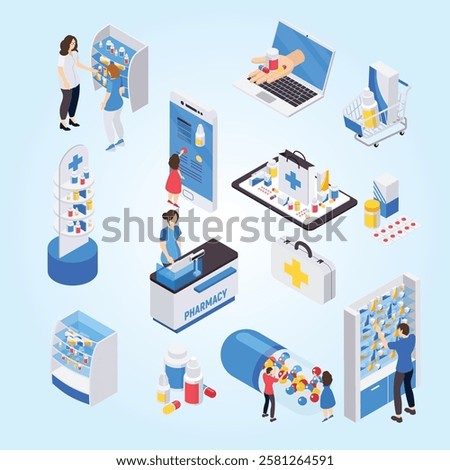 pharmacy isometric colored icons set visitors polite staff stands medicines isolated vector