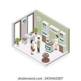 Pharmacy isometric concept. Client buy medication and consulting with pharmacist. Healthcare marketing, pills and medical tools, flawless vector scene