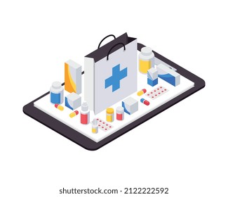 Composición de íconos isométricos de la farmacia con imágenes de diversos productos médicos sobre la ilustración vectorial de la pantalla del comprimido
