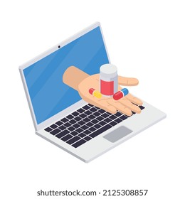 Composición de íconos isométricos de farmacia con imagen aislada de portátil y mano humana que da la ilustración del vector de medicina
