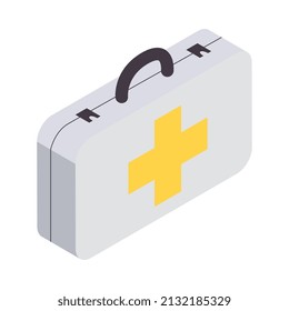 Composición de íconos isométricos de farmacia con imagen aislada de caja de primeros auxilios con ilustración vectorial de manejo