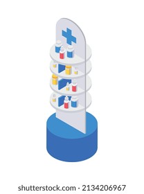 Pharmacy-Icons-Komposition mit isoliertem Bild eines vertikalen Standes mit medizinischen Produkten Vektorgrafik