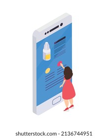 Pharmacy isometric icons composition with isolated image of smartphone with online shop and female user vector illustration