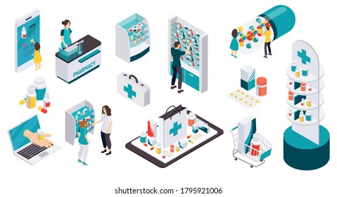 Pharmacy isometric recolor icons set illustrated online service for buying drugs isolated vector illustration