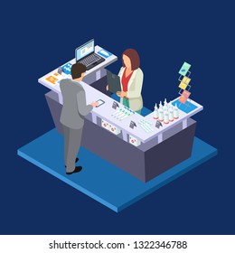 Pharmacy isometric vector concept with first aid kit, pills, bottles
