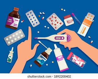 Pharmacy items. Medicines, medical products. Hands hold a thermometer. Vector illustration in flat cartoon style.