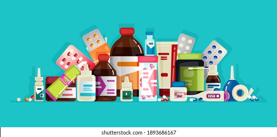 Pharmacy items. Medicines, medical products. Composition. Vector illustration in flat cartoon style.