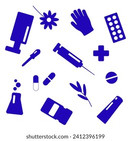 Productos de farmacia: píldoras, jarabe, guantes, dentífrico, cuentagotas, hierbas, elixir, antiséptico. Azul y blanco. vectores de iconos.
