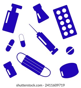 Pharmacy items: pills, syrup, syringe, cream, antiseptic, mask. Blue and white. icons vector.