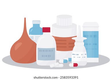 pharmacy items. set of bottles and tubes with medical pills, enema and nose spray