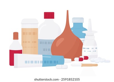 pharmacy items. set of plastic bottles, tubes with medical pills, enema and nose spray