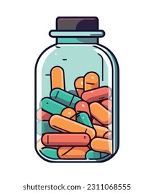 Pharmacy jar holds painkillers, antibiotics icon isolated