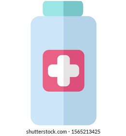 pharmacy jar vector coloured icon isolated on white. Vaccination, injection healthcare concept. Vector Illustration. Blue tank with drug, medication, medicament, preparation. Green cap. Flat style