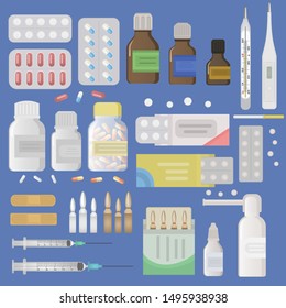Pharmacy kit. A lot of medicines. Tablets, vitamins, thermometers, ampoules, syringes, plasters, different tubes.