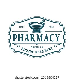Pharmacy Label Design Classic Retro Vintage Style with Bowl and Traditional Mashing Utensil Icon Premium Pharmacy Vector Design Illustration