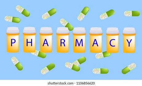 Pharmacy letter on refill medicine bottle with green capsules on cyan background.