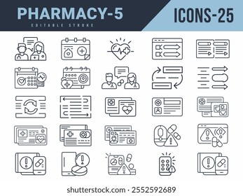 Pharmacy Line Editable 25 Icons set. Vector illustration in modern thin line style of Pharmacy icons. Editable stroke.