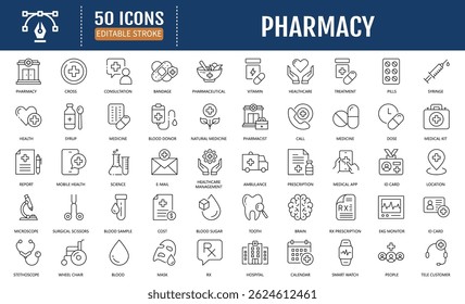 Conjunto de iconos editables de línea de farmacia. Contiene medicamentos, vendajes, medicamentos, recetas, tratamientos, salud, jeringas y más. Ilustración vectorial