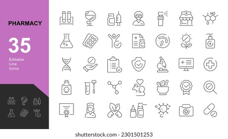 Pharmacy Line Editable Icons set. Vector illustration in modern thin line style of medical icons: types of drugs, research, tests, and manufacturing process. Pictograms and infographics for mobile app