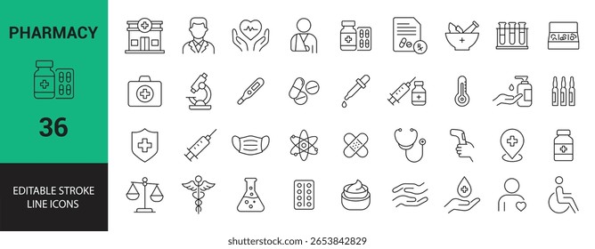 Linha de farmácia conjunto de ícones editáveis. Medicina, médico, saúde, seringa e muito mais. Ilustração de vetor.