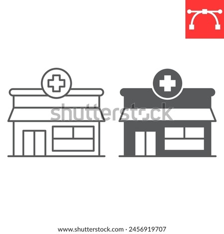 Pharmacy line and glyph icon, building and medicine, drugstore vector icon, vector graphics, editable stroke outline sign, eps 10.