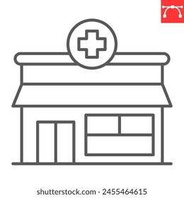 Pharmacy line icon, building and medicine, drugstore vector icon, vector graphics, editable stroke outline sign, eps 10.