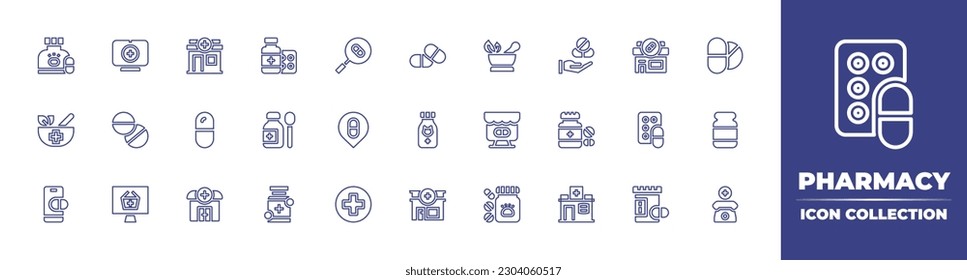 Colección de iconos de la línea de farmacia. Trazo editable. Ilustración vectorial. Contiene medicamentos, farmacia, comprimidos, búsqueda, hierbas, medicinas, píldoras, medicina natural, píldoras, jarabe, cápsula, farmacia en línea, fármaco