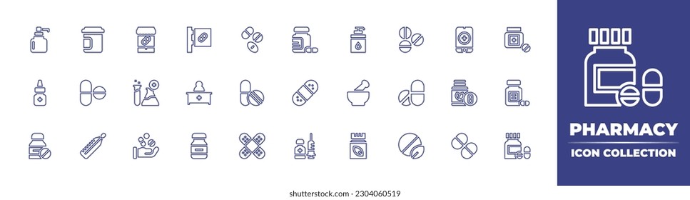 Pharmacy line icon collection. Editable stroke. Vector illustration. Containing hydratation, pill jar, pharmacy, drugs, pills, moisturiser, nasal spray, pharmacist, medicine, patch, mortar, supplement