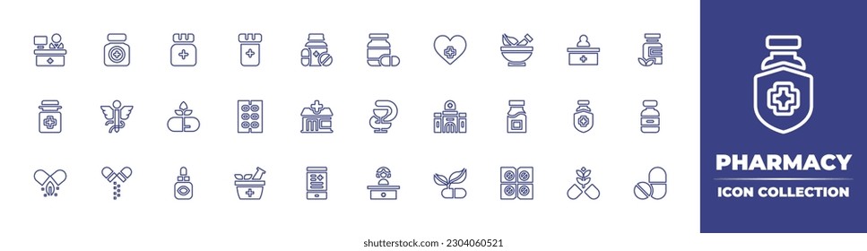 Pharmacy line icon collection. Editable stroke. Vector illustration. Containing pharmacist, medicine, vitamins, hospital, remedy, pills, pharmacy, herbal, capsule, protection, vaccine, expired, eye.