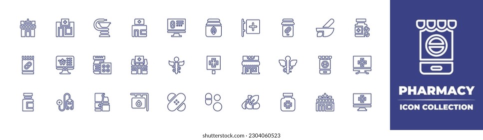 Pharmacy line icon collection. Editable stroke. Vector illustration. Containing pharmacy, online pharmacy, mortar, pills, medicine, pills bottle, stethoscope, bandage, supplement, drugs.