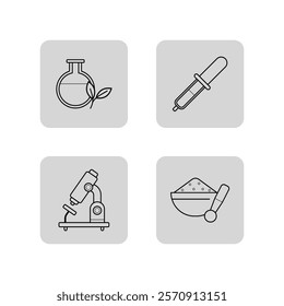 Pharmacy line icon collection. Microscope, mortar and pestle, pipette, glass flask. Science, medicine and drugstore concept. Vector illustrations for web design and apps