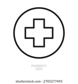  Symbol für Apothekenzeile. Runde Form. Schwarzes Umrisszeichen. Medizin, Medizin, Krankenhaus, Gesundheit, Gesundheitswesen Konzept. Vektorgrafik. Bearbeitbarer Strich. Einzeln auf weißem Hintergrund. Flaches Design.