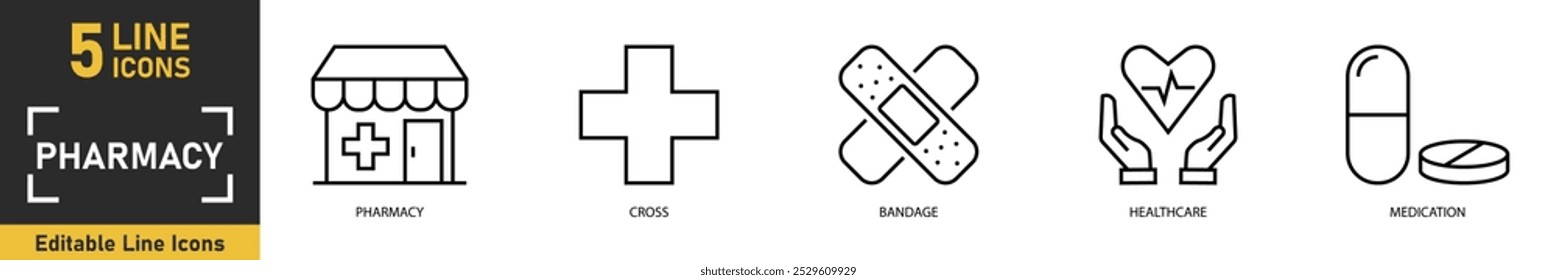 Conjunto de iconos de línea de farmacia. Conjunto de 5 iconos de esquema relacionados con farmacia, cruz, vendaje, atención médica, medicamentos y más. Ilustración vectorial.