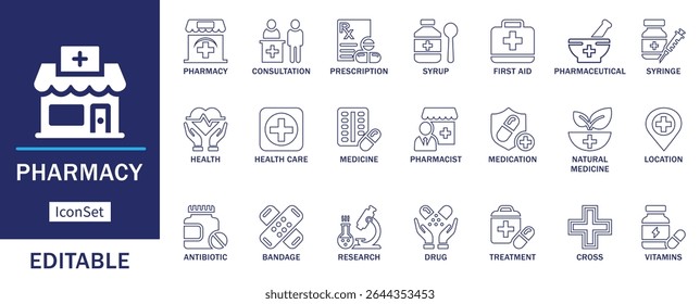 Pharmacy line icon set. Featuring prescription, consultation, medicine, drug, health care, pharmacist, vitamins, treatment, and medical elements. Clean and editable vector icons.
