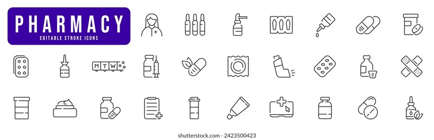 Pharmacy line icon set. Pill, drug, medical, capsule, syringe, syrup, bottle etc. Editable stroke