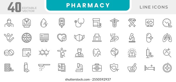 Conjunto de ícones da linha Farmácia. Ciência, DNA, moléculas, emergência, médico, tratamento, médico, relatório, diagnóstico, saúde, prevenção, estetoscópio, conjunto de ícones de linha. Pacote de ícones de linha fina da interface do usuário. 