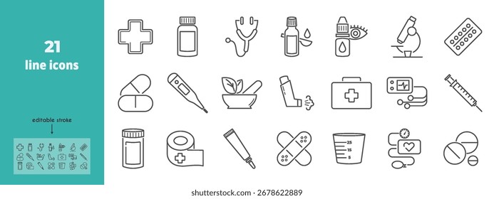 Conjunto de iconos de línea de farmacia.  Estetoscopio, tensiómetro, microscopio, taza medidora, tubo de ungüento, medicina herbaria, droga, píldoras Ilustración vectorial. Trazos editables