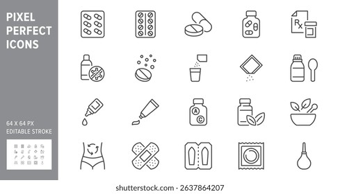 Pharmacy line icon set. Vector illustration include icon - rx, effervescent pill, blister, sachet, bandage, capsule bottle outline pictogram for drug medication. 64x64 Pixel Perfect, Editable Stroke.