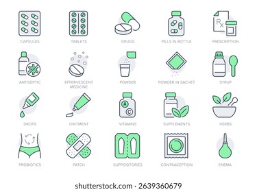 Pharmacy line icon set. Vector illustration include icon - rx, effervescent pill, blister, sachet, bandage, capsule bottle outline pictogram for drug medication. Green Color, Editable Stroke.